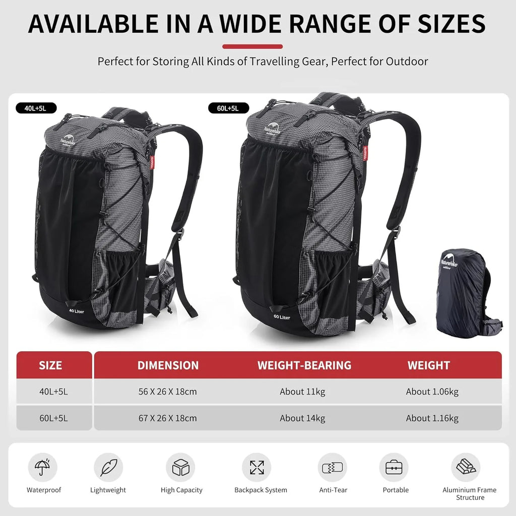 Outdoor Backpack 60+5L Waterproof High Capacity Sports Climbing Hiking With Rain Cover