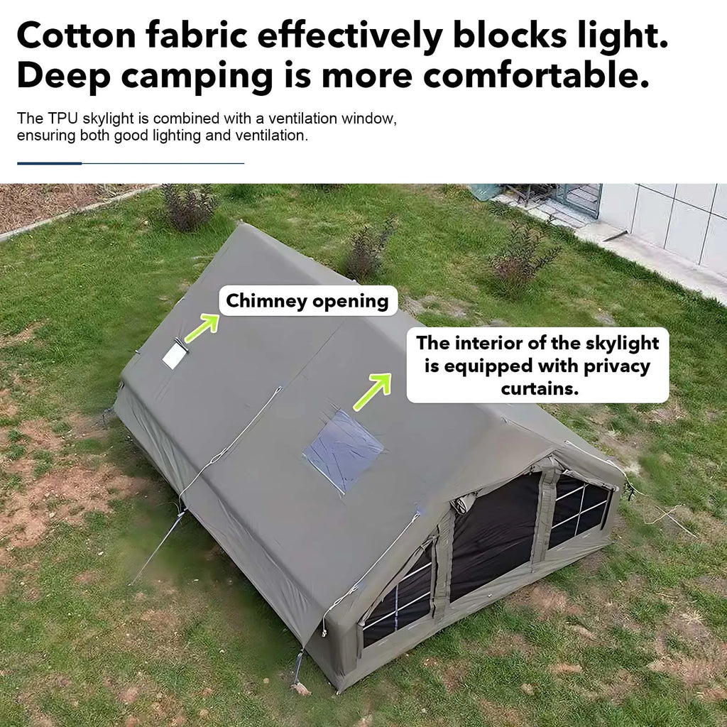 Army Green Waterproof  Inflatable Tent for Camping,4 Season Air Tent House with Chimney Opening