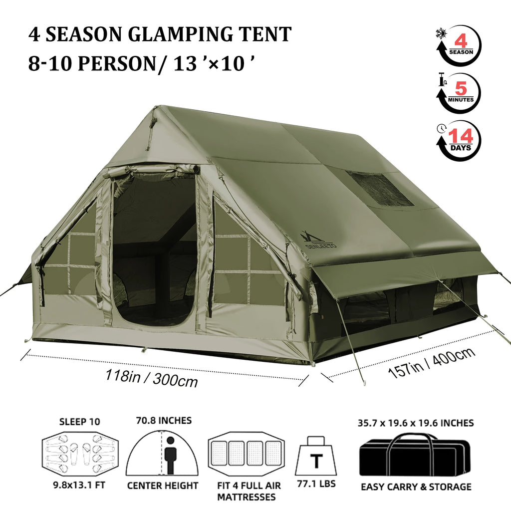Army Green Waterproof  Inflatable Tent for Camping,4 Season Air Tent House with Chimney Opening