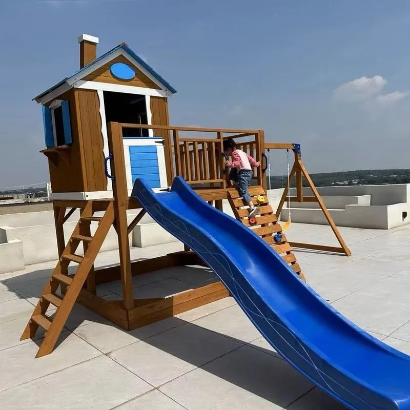 Outdoor Waterproof Wooden Swing Set With Slide  and Sandbox Kids' Playground Play House for Patio Backyard