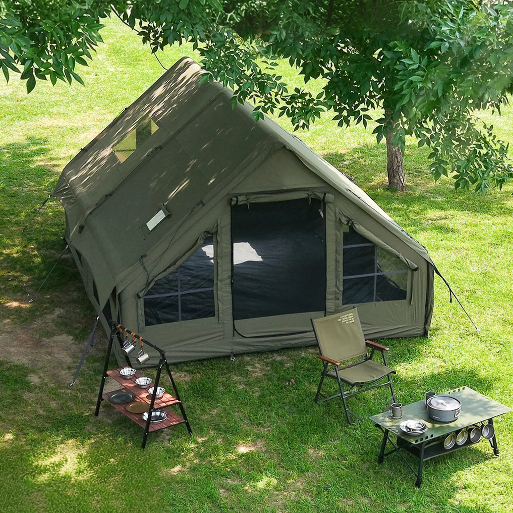 Army Green Waterproof  Inflatable Tent for Camping,4 Season Air Tent House with Chimney Opening