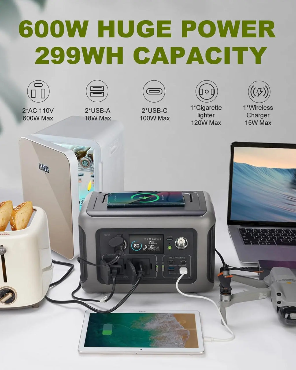 Portable Power Station R600, (1200W Surge) AC Outlets for Outdoor Camping RV Home