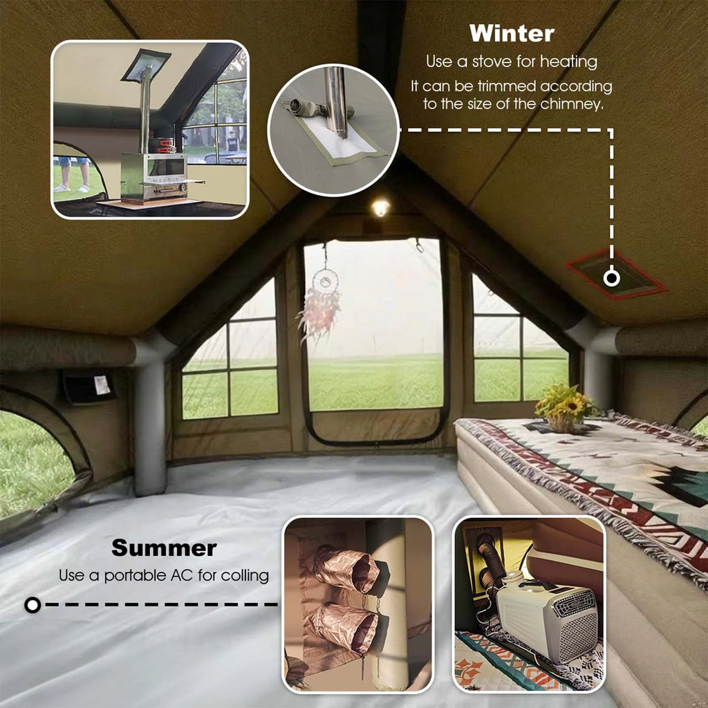Army Green Waterproof  Inflatable Tent for Camping,4 Season Air Tent House with Chimney Opening