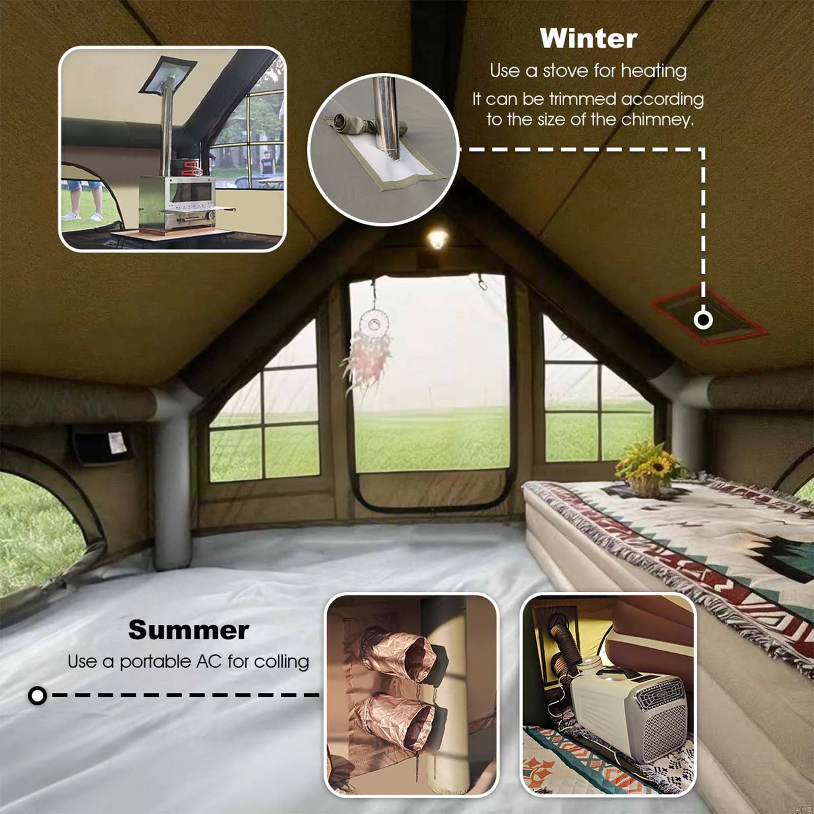 Army Green Waterproof  Inflatable Tent for Camping,4 Season Air Tent House with Chimney Opening