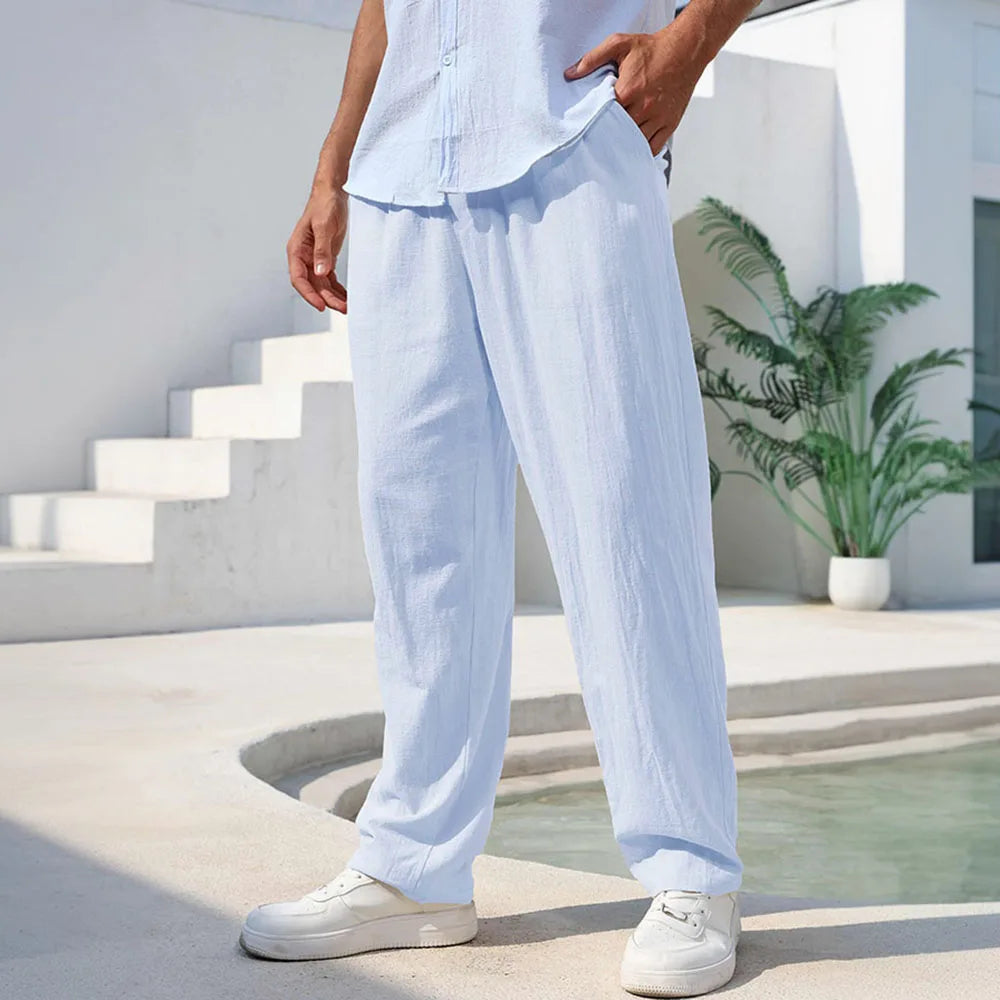 Men's Cotton Linen Pants Straight Leg Lightweight Breathable Comfortable Trousers Beach Style