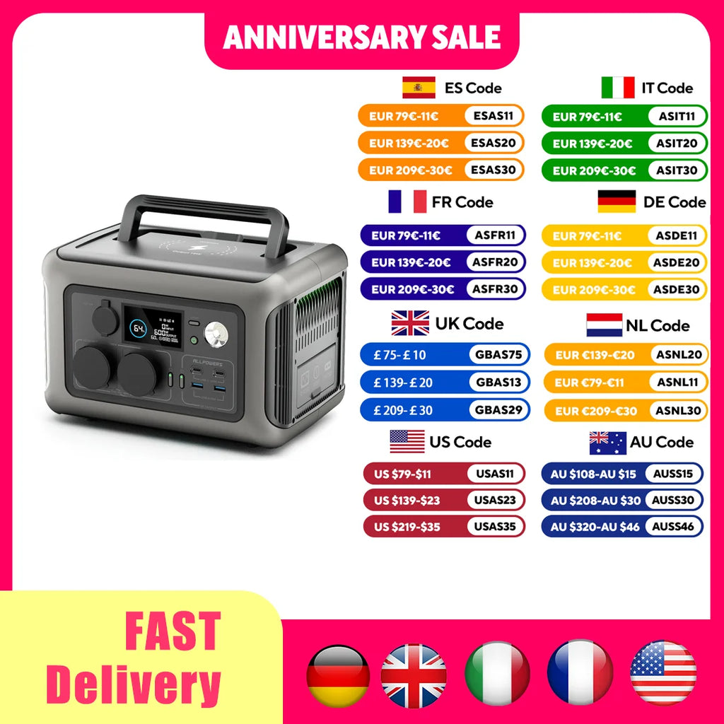 Portable Power Station R600, (1200W Surge) AC Outlets for Outdoor Camping RV Home