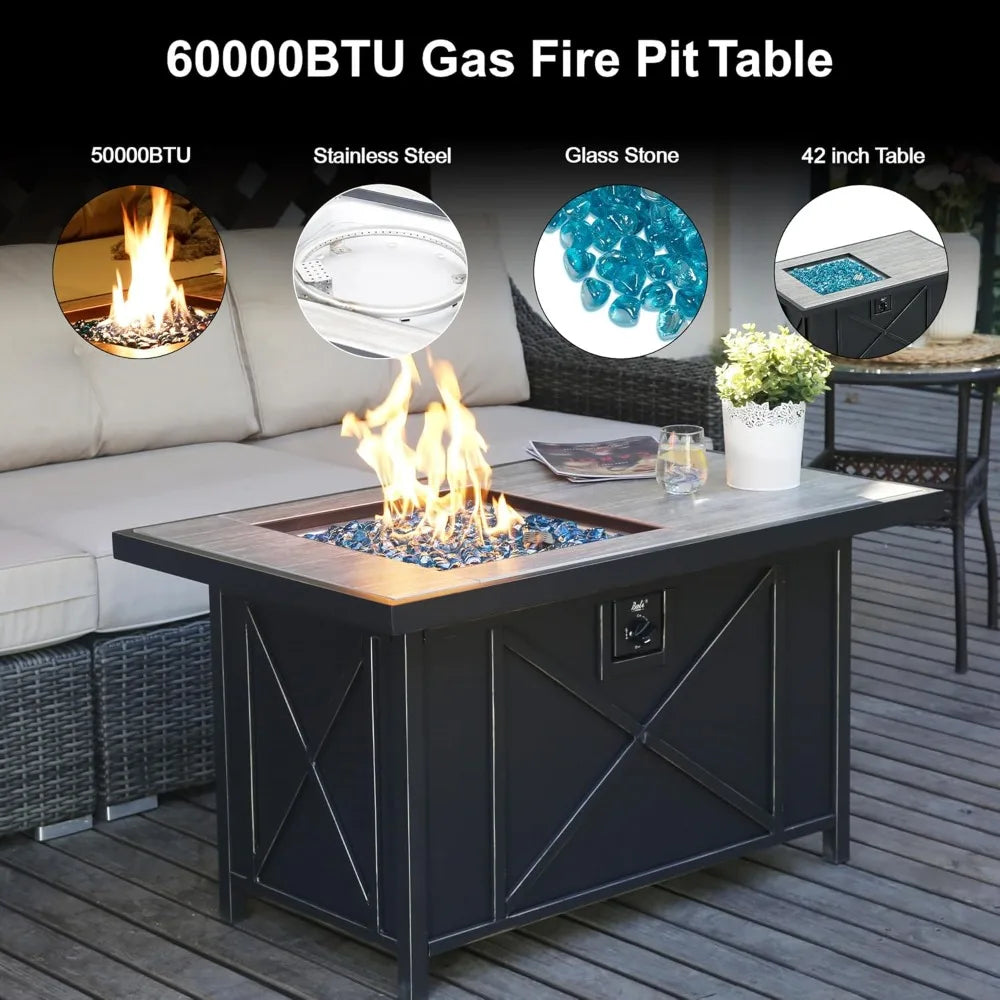 42 inch 50,000 BTU Rectangular Propane Gas Fire Pit Table with Fire Glass and Table Lid, Fire Pits Outdoor for Garden, Patio, B