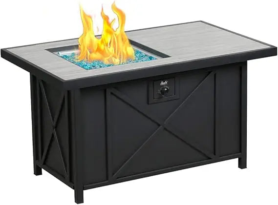 42 inch 50,000 BTU Rectangular Propane Gas Fire Pit Table with Fire Glass and Table Lid, Fire Pits Outdoor for Garden, Patio, B