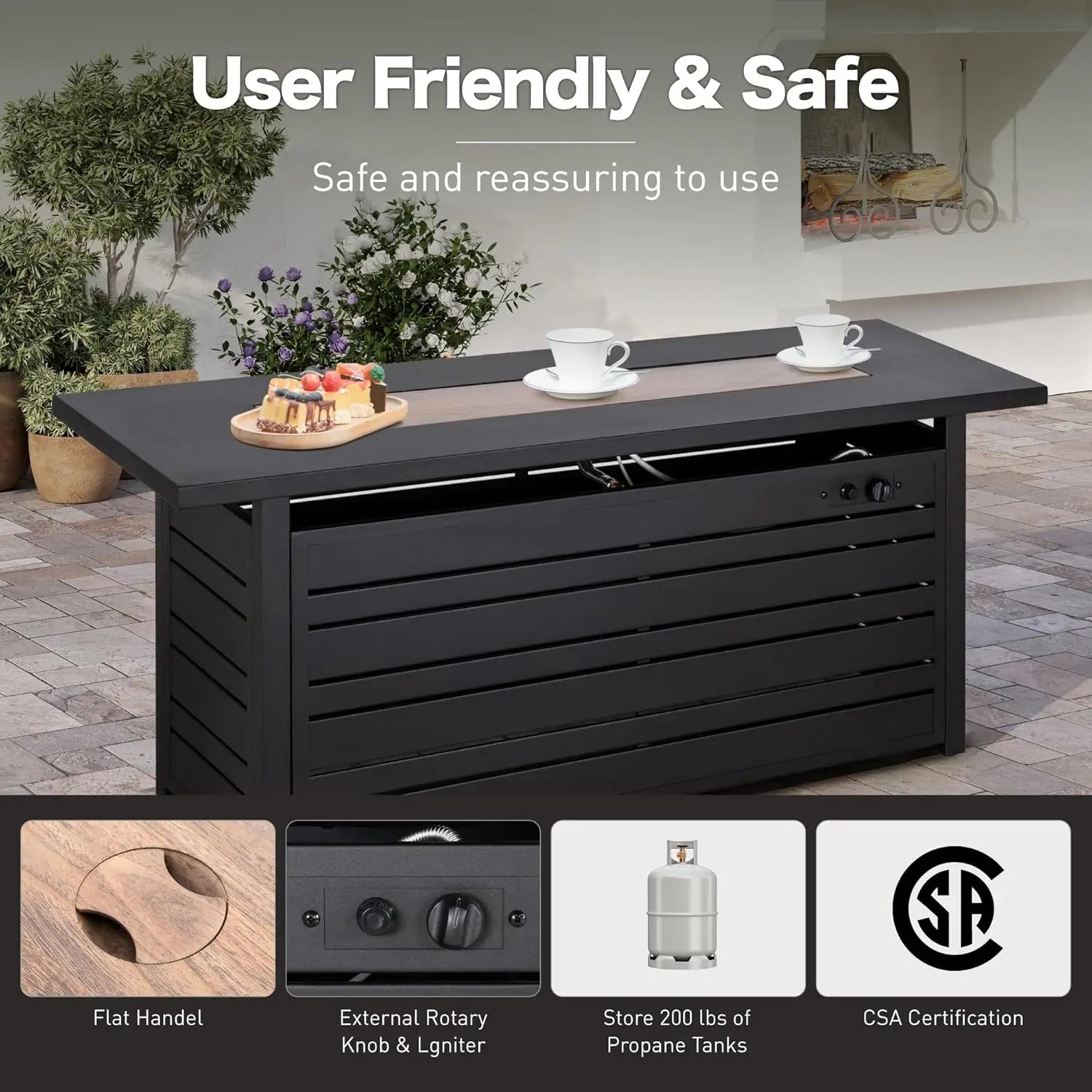 Propane Gas Fire Pit Tabletop with Glass Rock, Black Outdoor