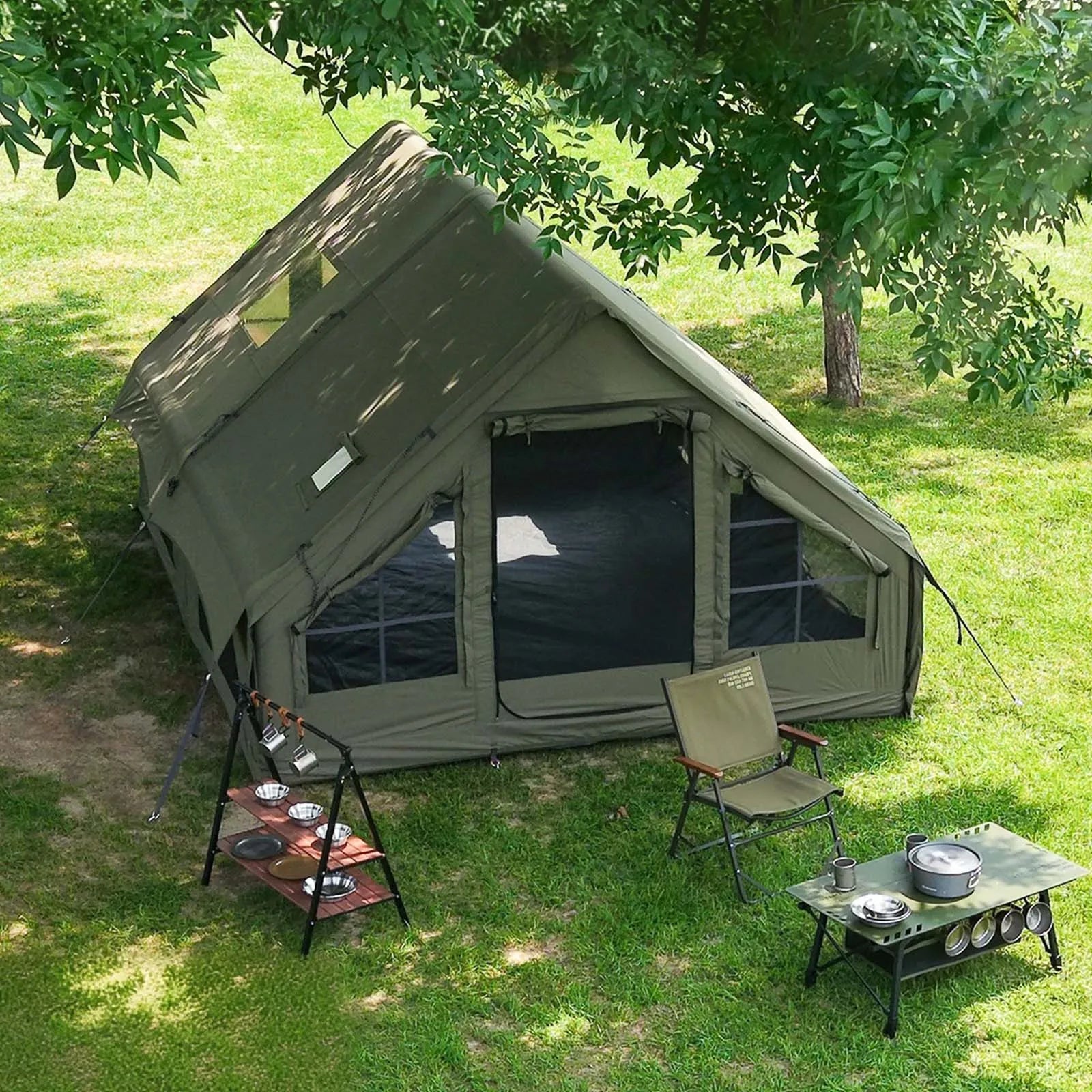 Army Green Waterproof  Inflatable Tent for Camping,4 Season Air Tent House with Chimney Opening