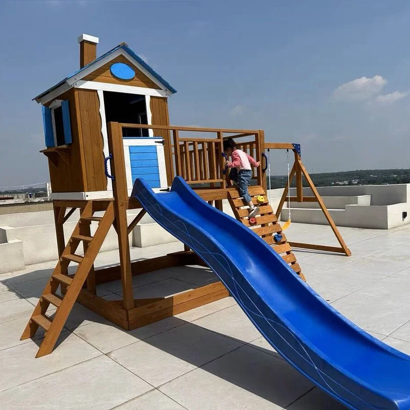 Outdoor Waterproof Wooden Swing Set With Slide  and Sandbox Kids' Playground Play House for Patio Backyard