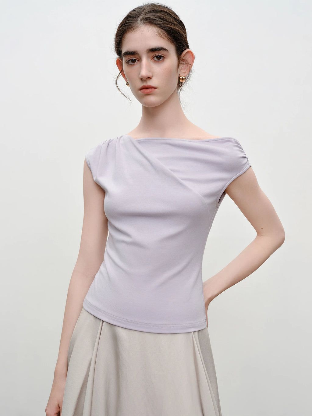 Elastic Antibacterial Stylish Off-Shoulder Cross-Neckline Women's Fitted T-Shirt