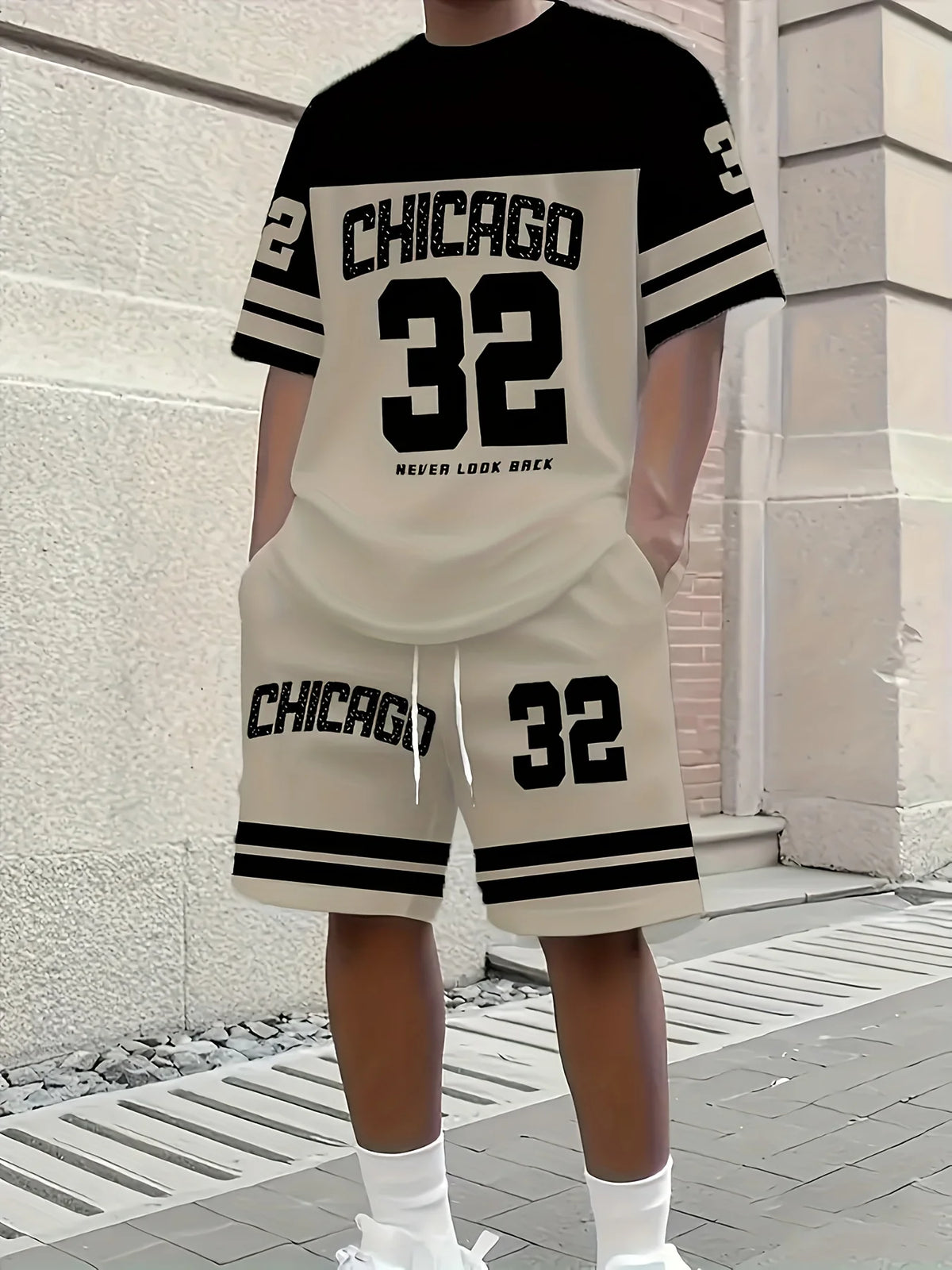 Summer Men's Chicago-Themed Relaxed Set Size 32 Printed T-Shirt and Plus Size Two-Piece Set