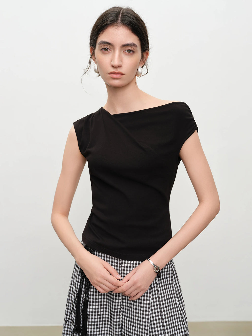 Elastic Antibacterial Stylish Off-Shoulder Cross-Neckline Women's Fitted T-Shirt