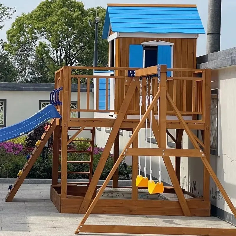 Outdoor Waterproof Wooden Swing Set With Slide  and Sandbox Kids' Playground Play House for Patio Backyard