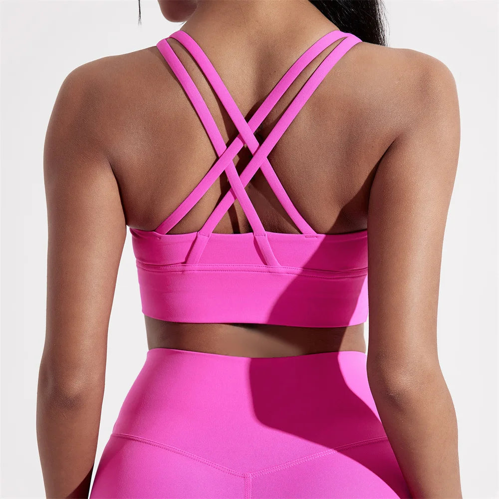 Solid Color Women Cross back Fitness sport Bra High strength Tight Top