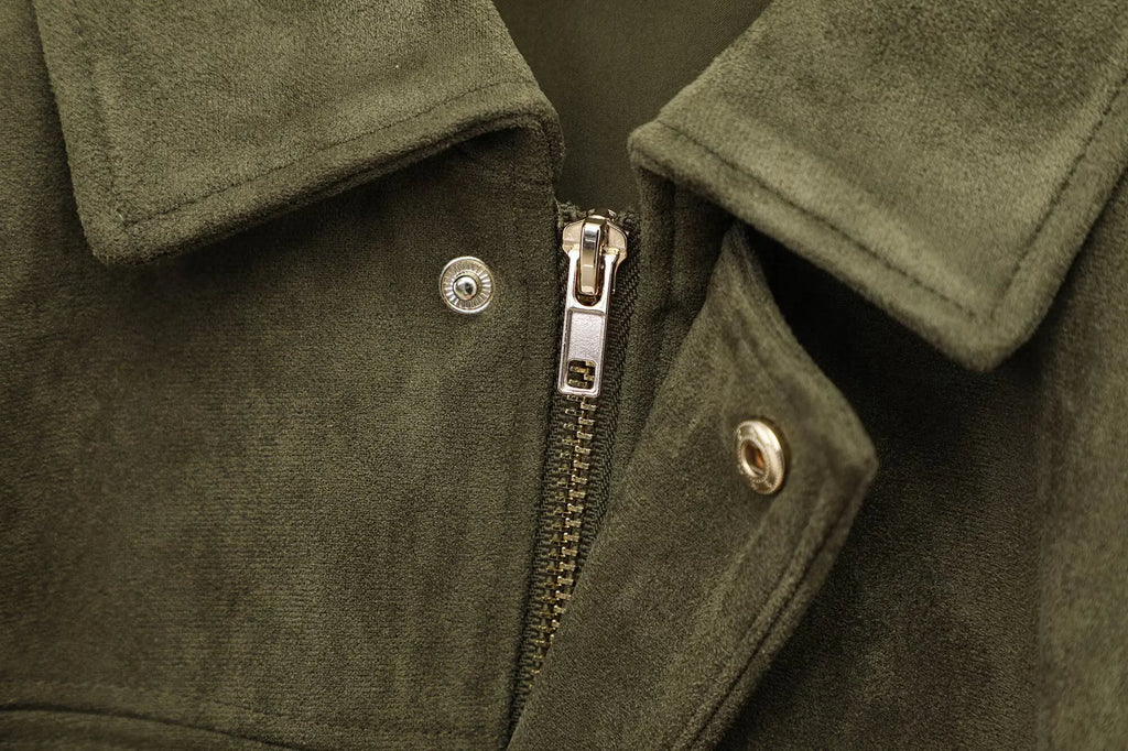 Women Brown Green Suede Jacket Loose Casual Bomber Coat Lapel Zipper Long Sleeve Jackets Vintage Lady Motorcycle Outwears