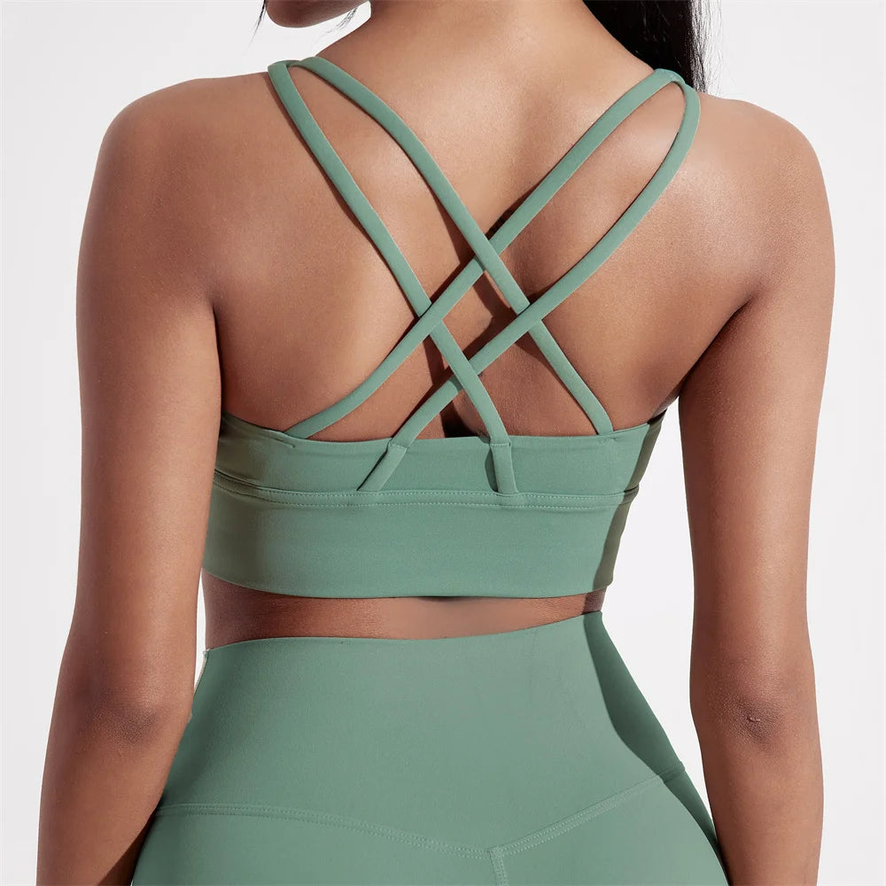 Solid Color Women Cross back Fitness sport Bra High strength Tight Top