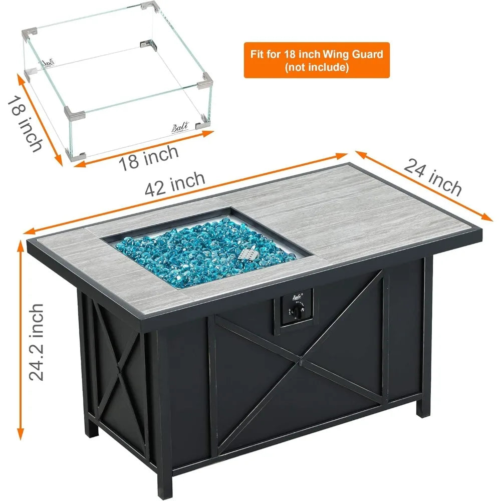 42 inch 50,000 BTU Rectangular Propane Gas Fire Pit Table with Fire Glass and Table Lid, Fire Pits Outdoor for Garden, Patio, B