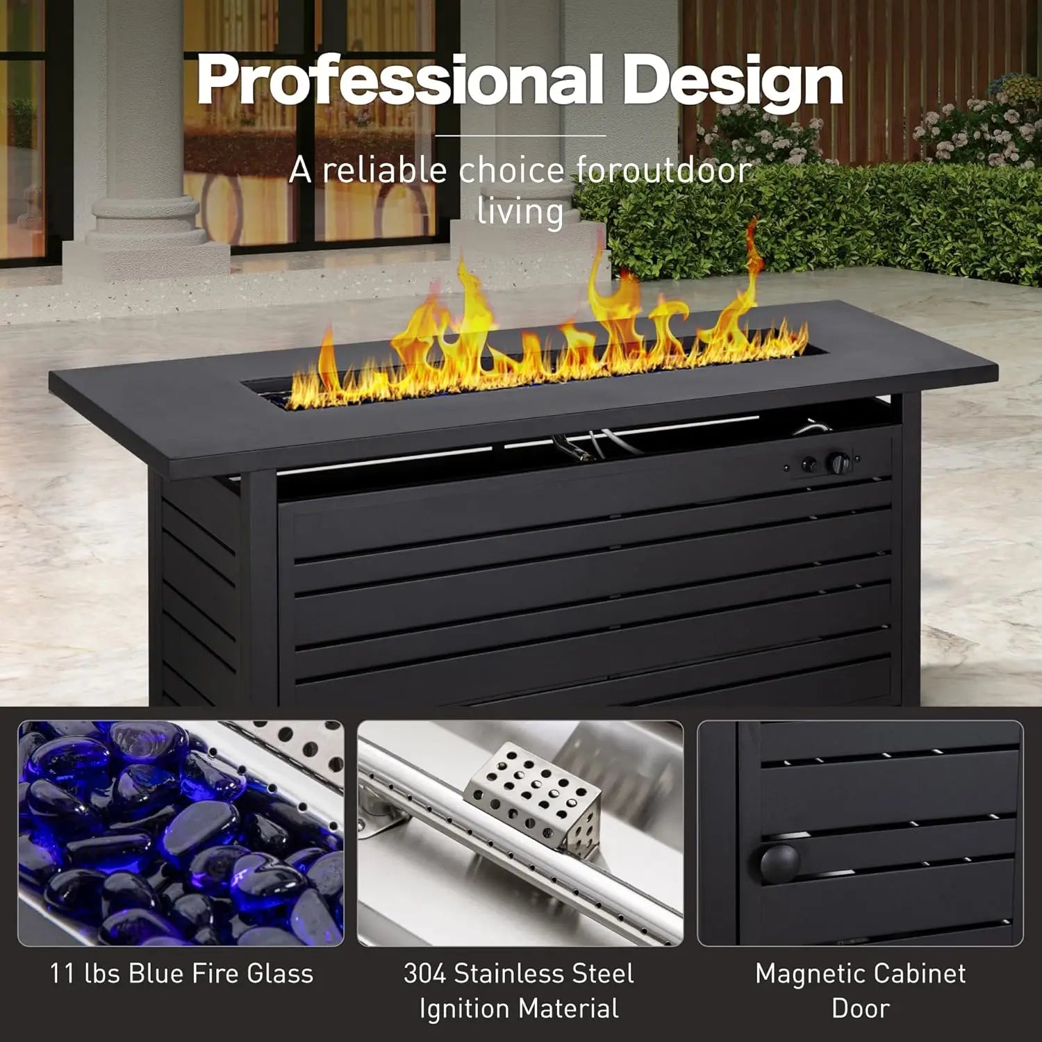 Propane Gas Fire Pit Tabletop with Glass Rock, Black Outdoor