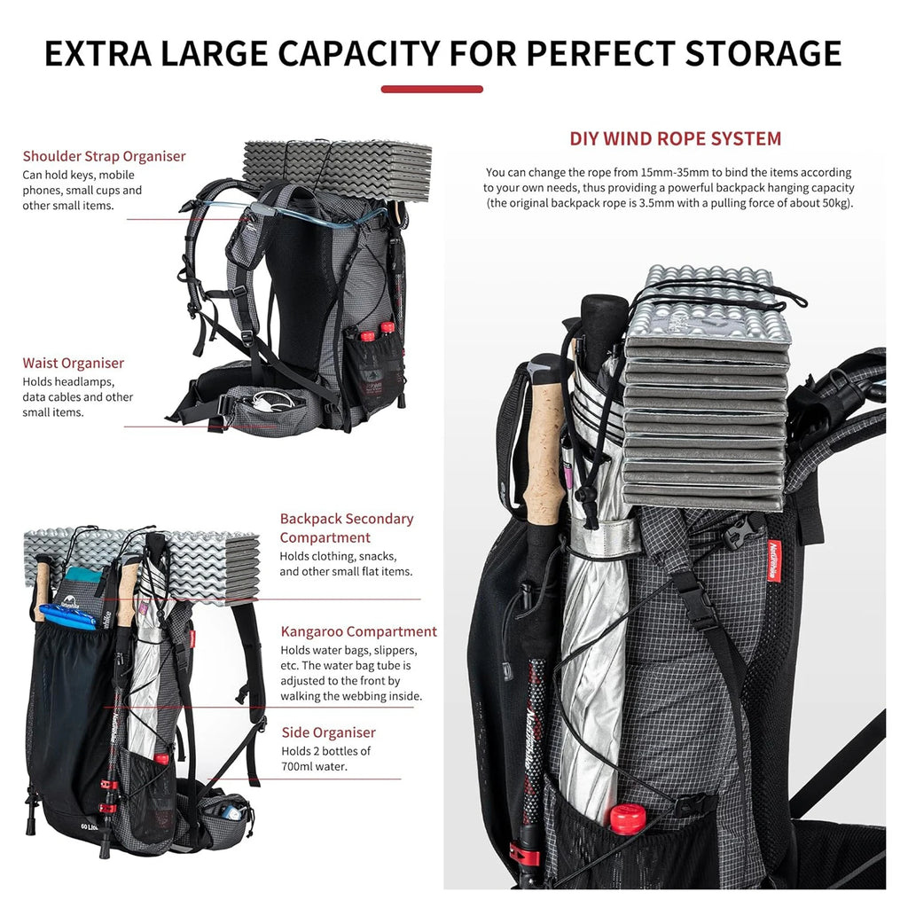Outdoor Backpack 60+5L Waterproof High Capacity Sports Climbing Hiking With Rain Cover