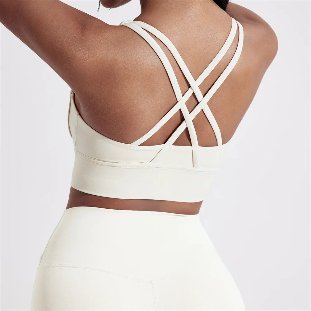 Solid Color Women Cross back Fitness sport Bra High strength Tight Top