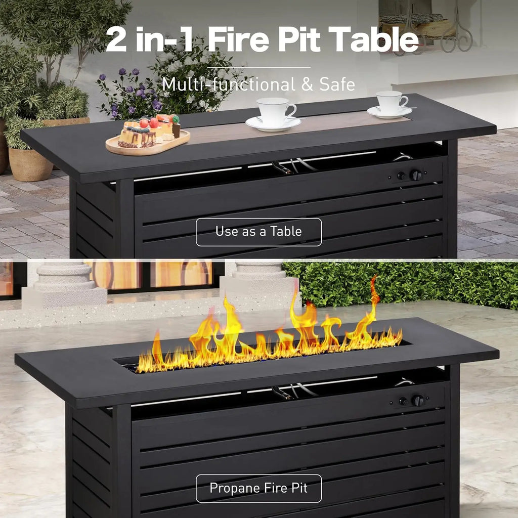 Propane Gas Fire Pit Tabletop with Glass Rock, Black Outdoor