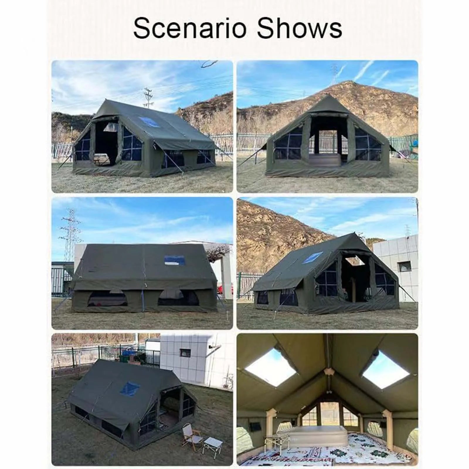 Army Green Waterproof  Inflatable Tent for Camping,4 Season Air Tent House with Chimney Opening