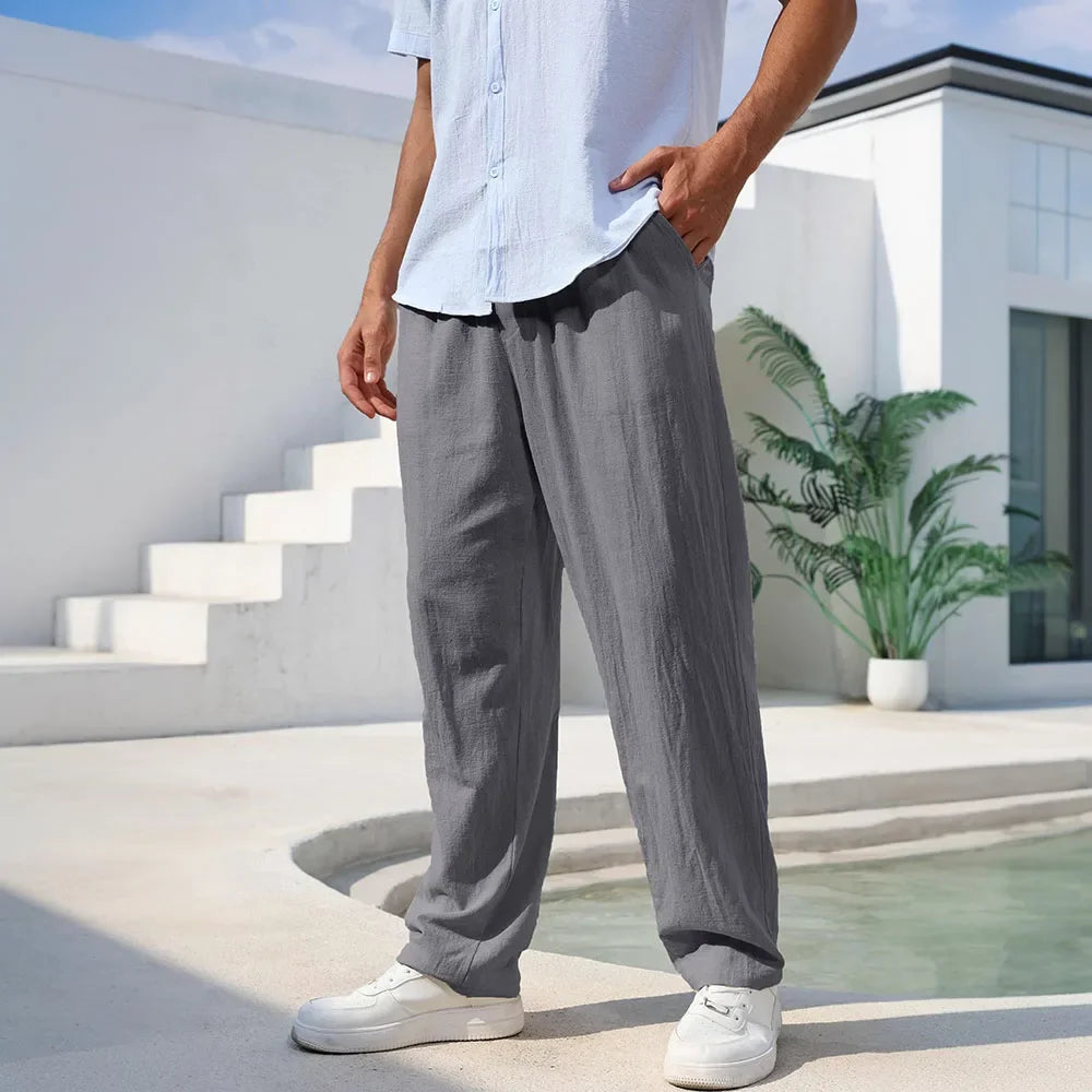 Men's Cotton Linen Pants Straight Leg Lightweight Breathable Comfortable Trousers Beach Style