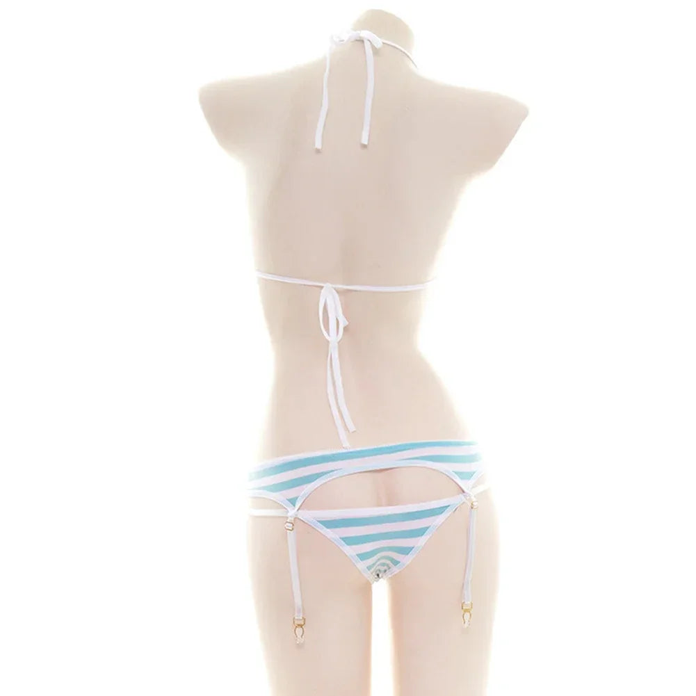 Sexy Bikini Set Women Stripe Cute Lingerie Micro-Schoolgirl Anime Cosplay
