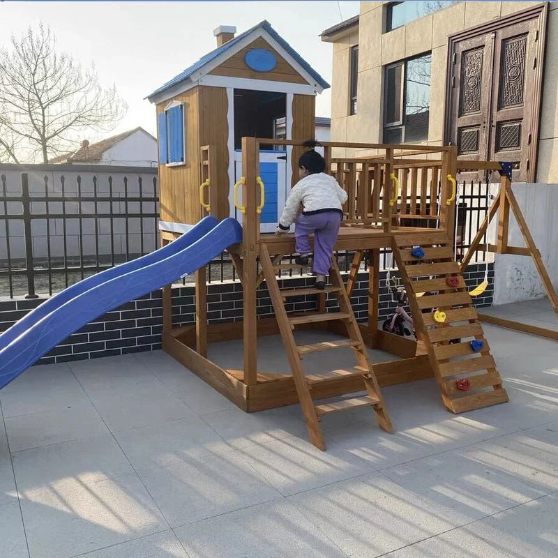 Outdoor Waterproof Wooden Swing Set With Slide  and Sandbox Kids' Playground Play House for Patio Backyard