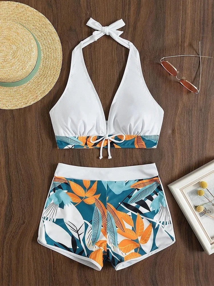 Europe and the United States swimsuit ladies print neck
