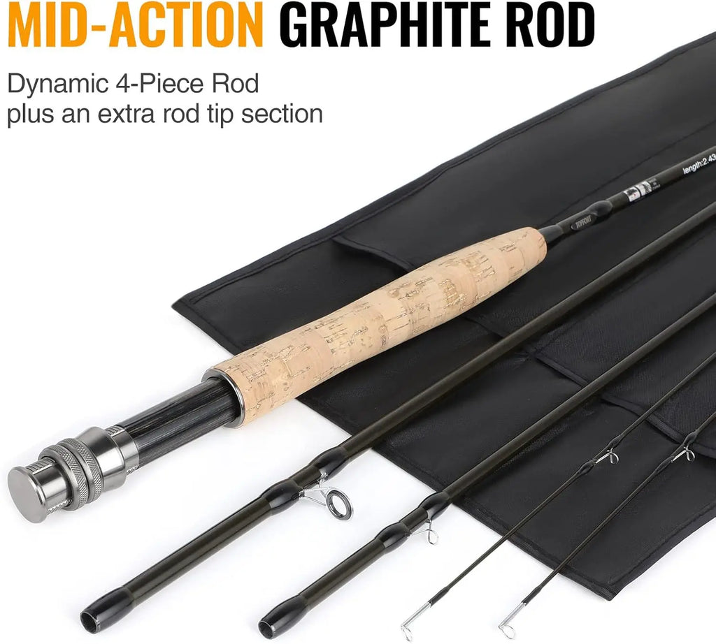 Complete Fly Fishing Starter Kit with 4-Piece Graphite Rod, Reel, Flies & Bag - Lightweight Portable