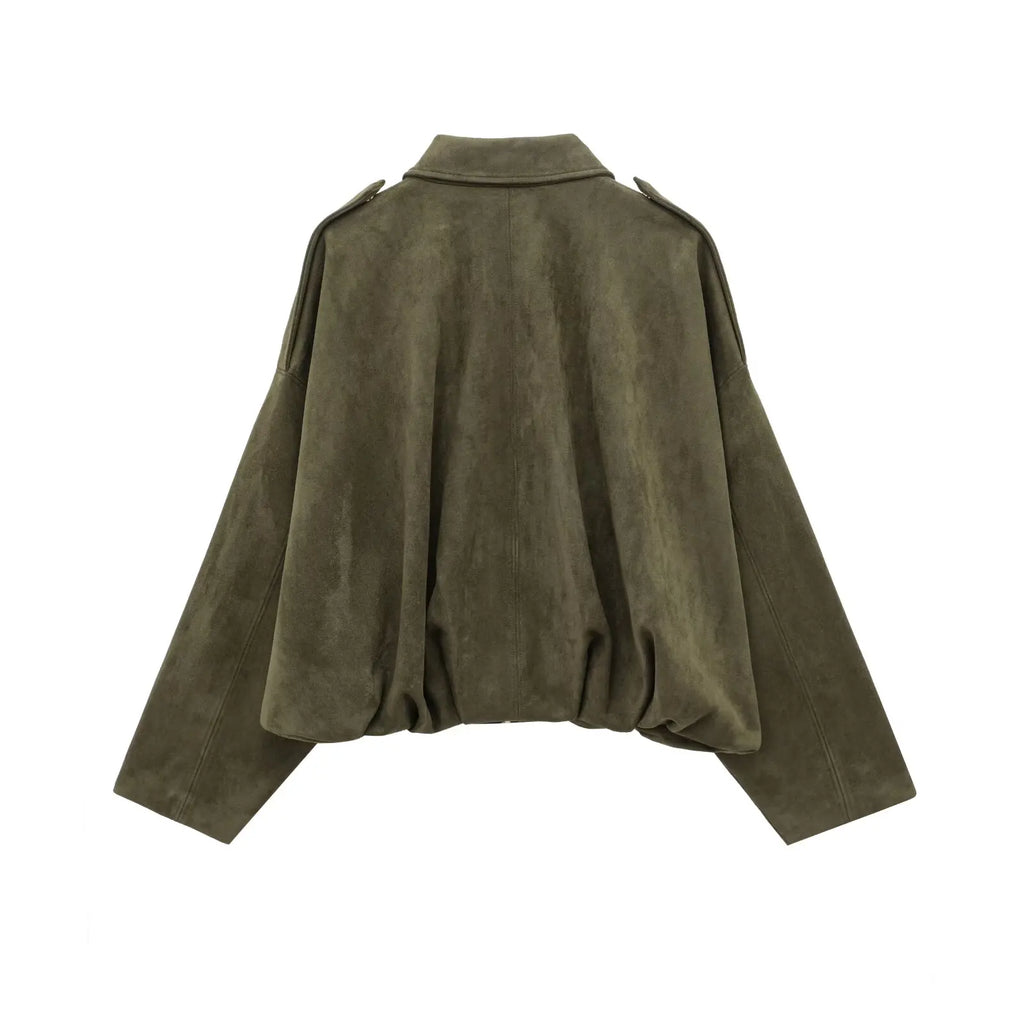 Women Brown Green Suede Jacket Loose Casual Bomber Coat Lapel Zipper Long Sleeve Jackets Vintage Lady Motorcycle Outwears
