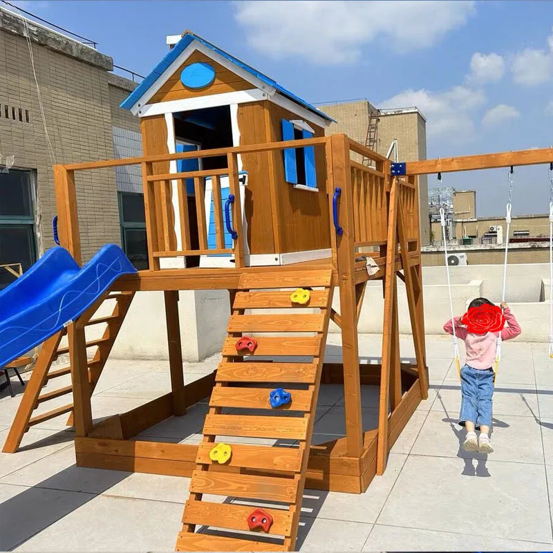Outdoor Waterproof Wooden Swing Set With Slide  and Sandbox Kids' Playground Play House for Patio Backyard