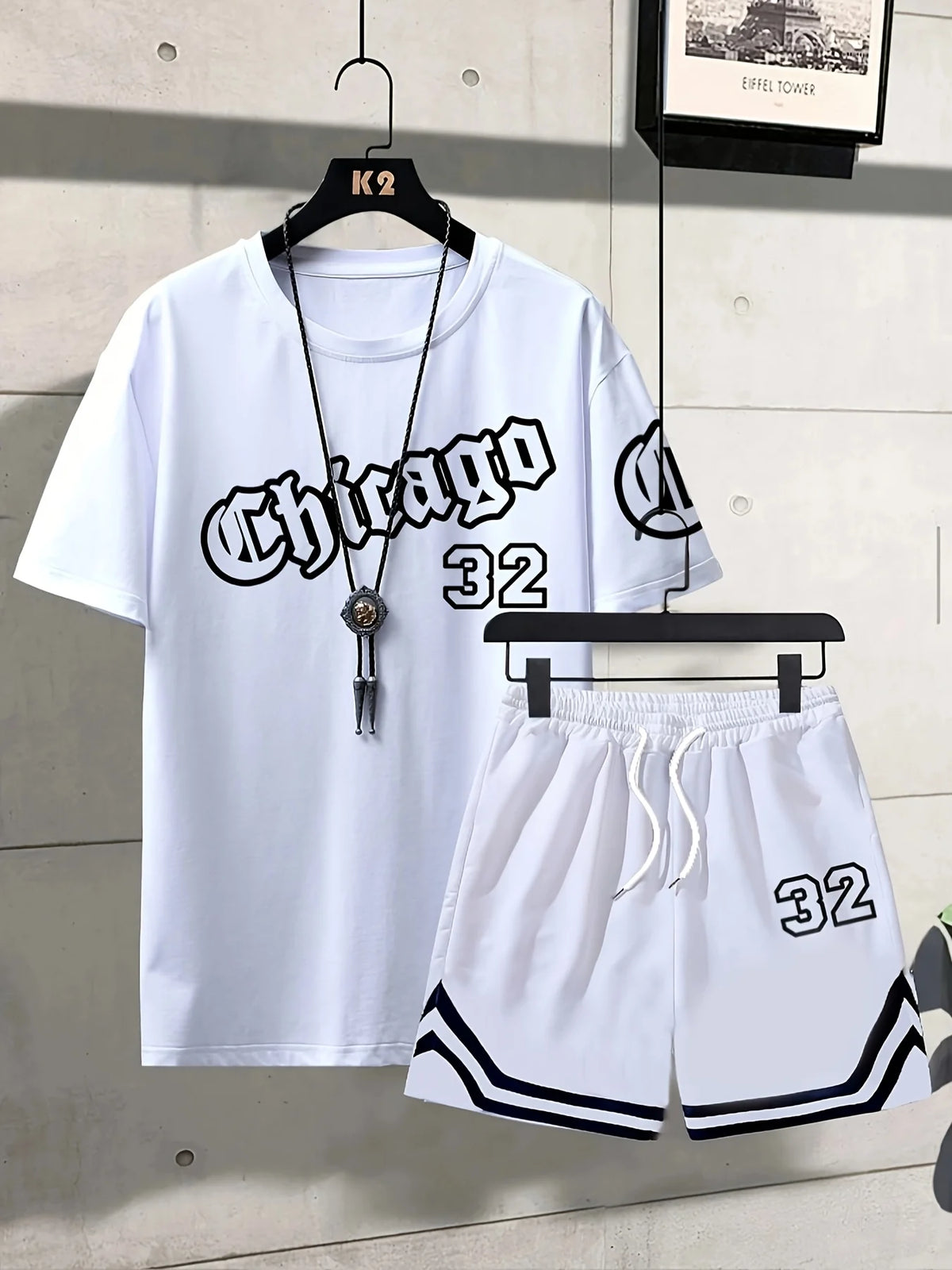 Summer Men's Chicago-Themed Relaxed Set Size 32 Printed T-Shirt and Plus Size Two-Piece Set