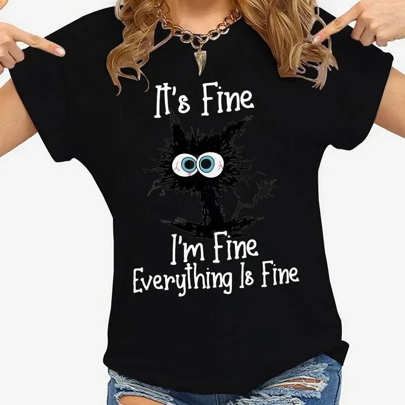 Women Clothes Cat It's Fine I'm Fine Everything Is Fine Print T-shirts Summer Casual