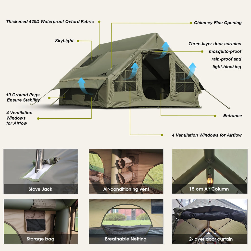 Army Green Waterproof  Inflatable Tent for Camping,4 Season Air Tent House with Chimney Opening