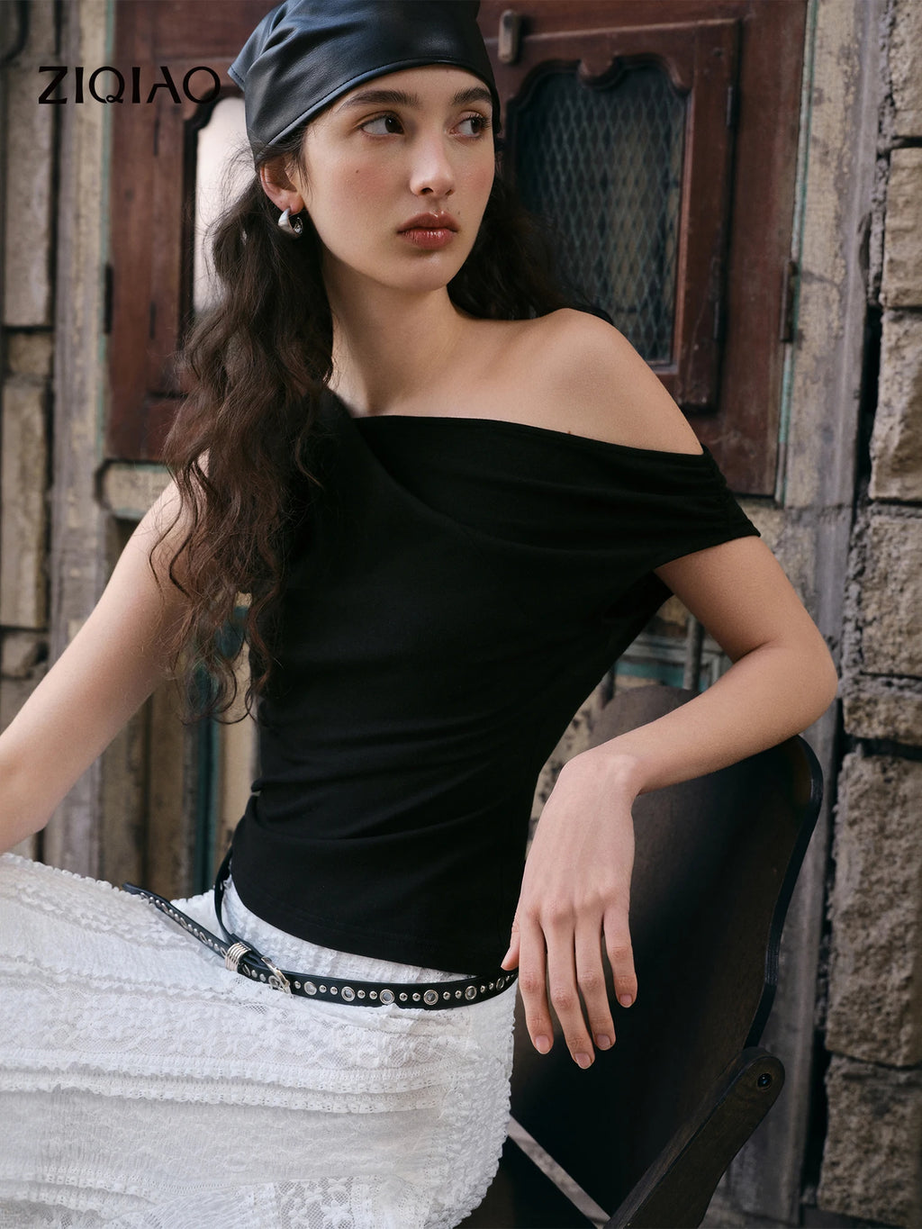 Elastic Antibacterial Stylish Off-Shoulder Cross-Neckline Women's Fitted T-Shirt