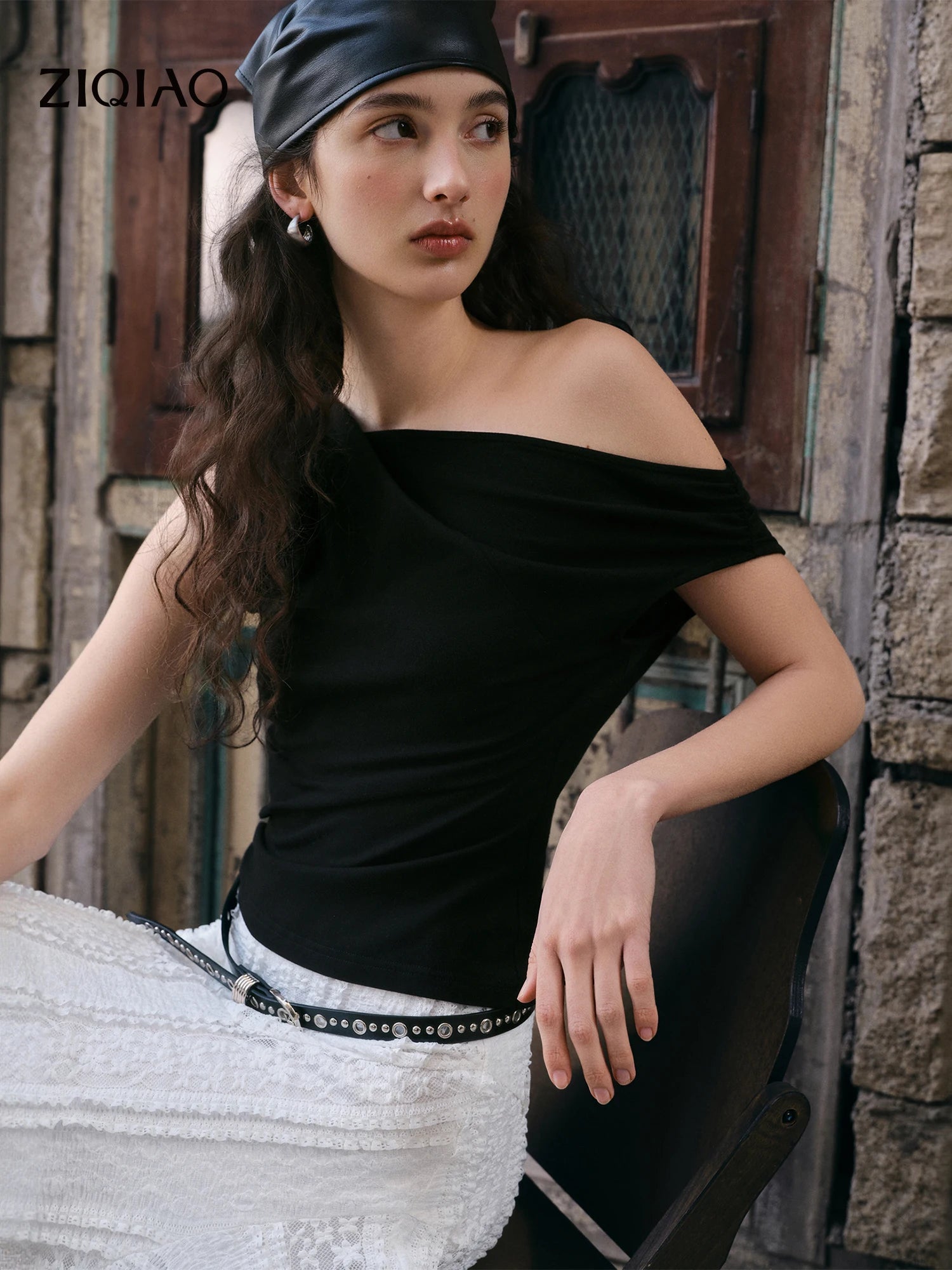 Elastic Antibacterial Stylish Off-Shoulder Cross-Neckline Women's Fitted T-Shirt