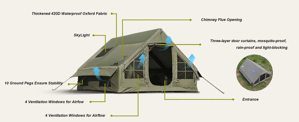 Army Green Waterproof  Inflatable Tent for Camping,4 Season Air Tent House with Chimney Opening