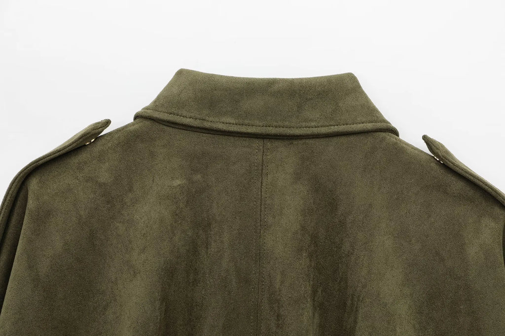 Women Brown Green Suede Jacket Loose Casual Bomber Coat Lapel Zipper Long Sleeve Jackets Vintage Lady Motorcycle Outwears