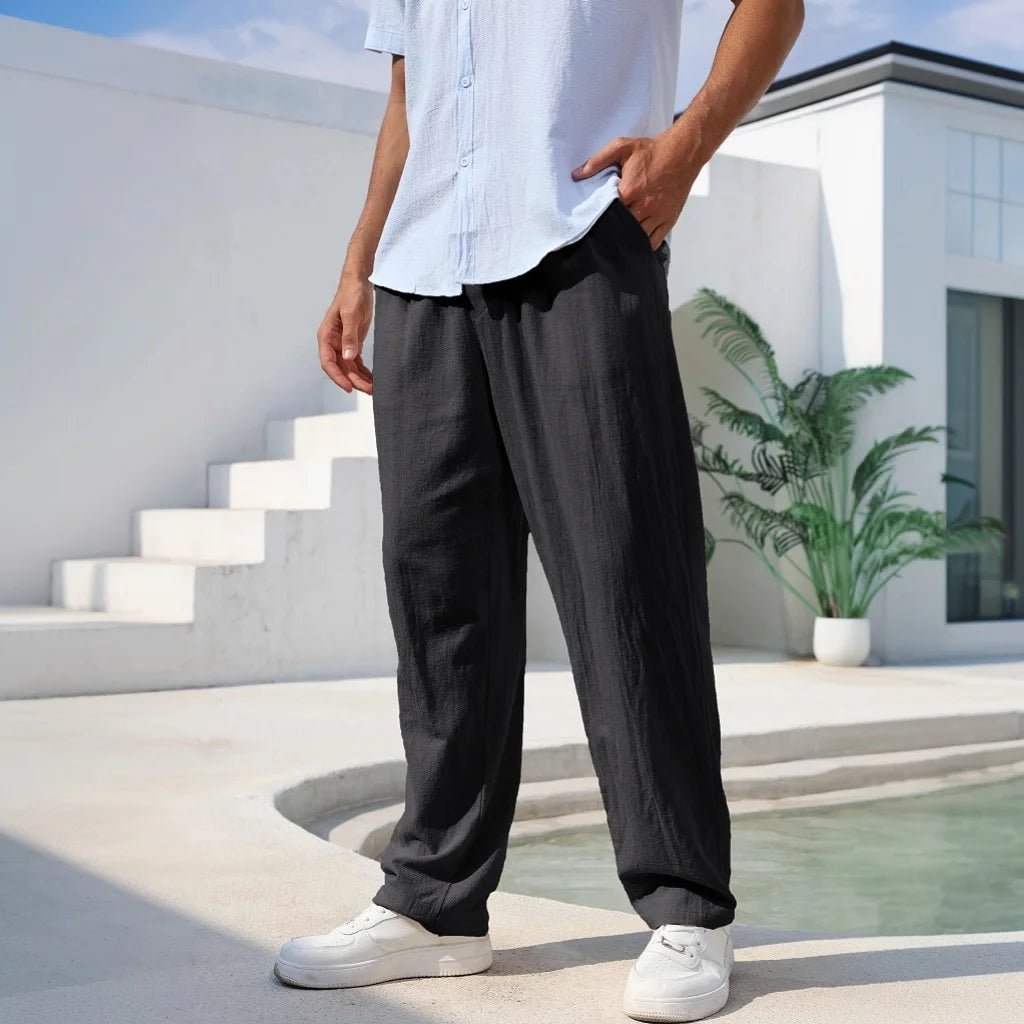 Men's Cotton Linen Pants Straight Leg Lightweight Breathable Comfortable Trousers Beach Style